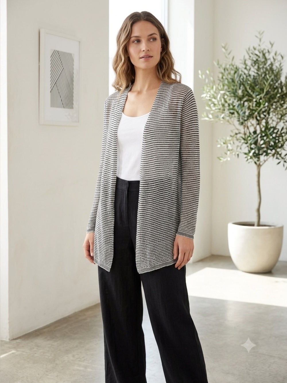 Eileen Fisher black & white stripe linen open front cardigan - Medium